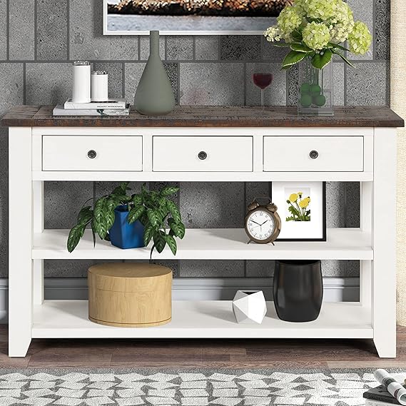 Farmhouse Console Table with 3 Drawers and Bottom Shelves