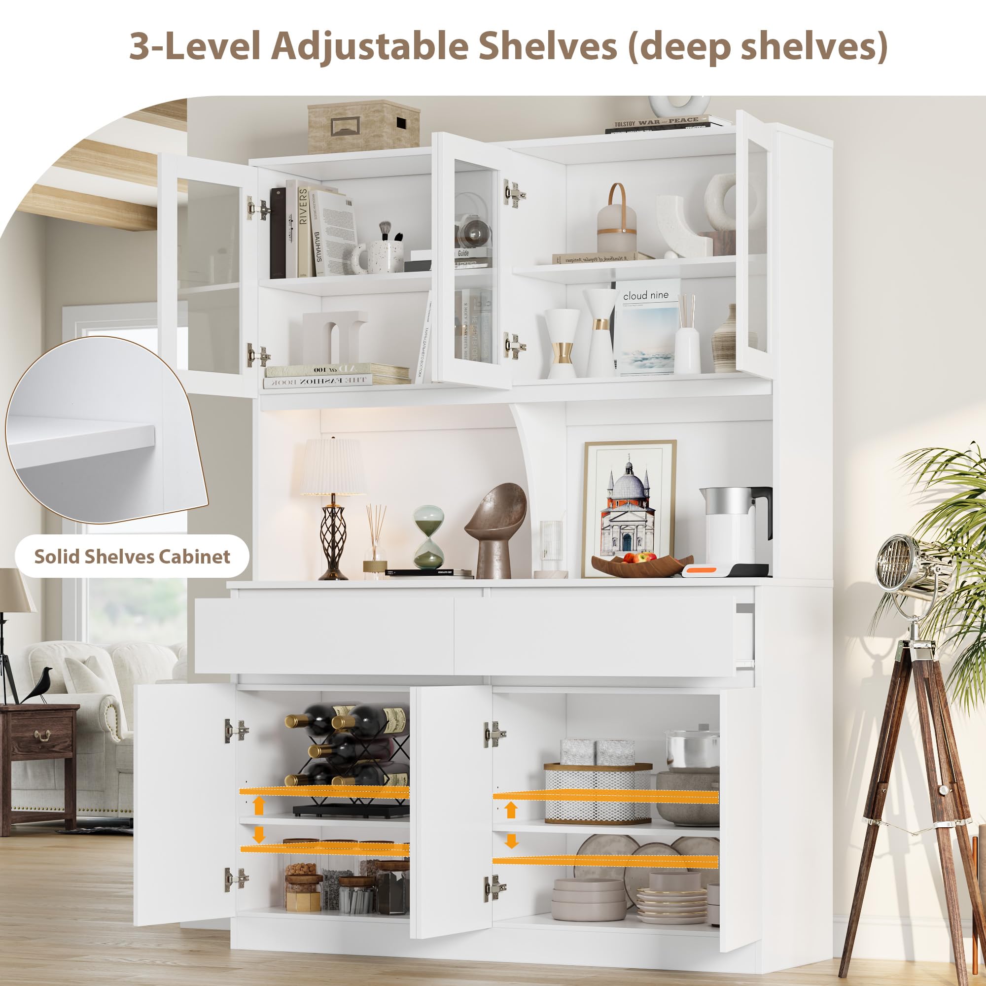 Kitchen Pantry Storage Cabinet with Glass Doors