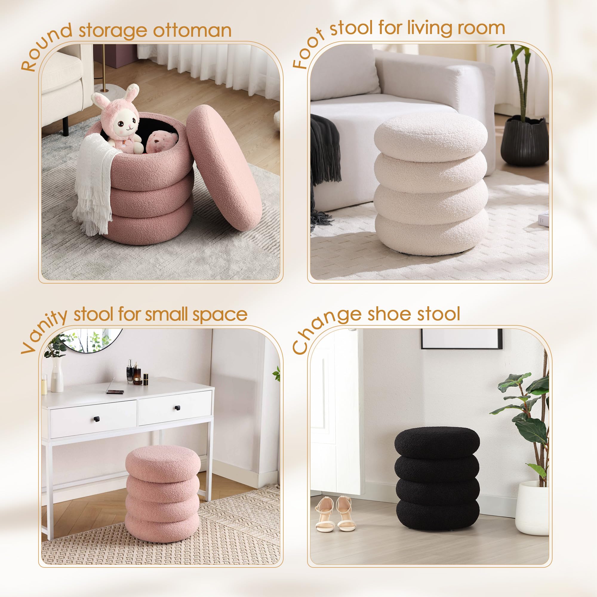 Round Storage Ottoman with Sherpa Fabric