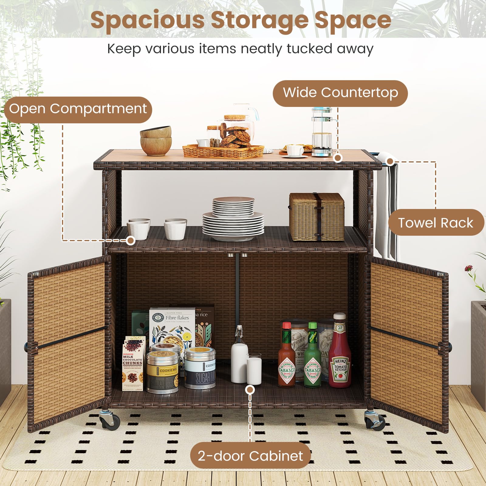 Rattan Outdoor Storage Cabinet with Acacia Wood Countertop