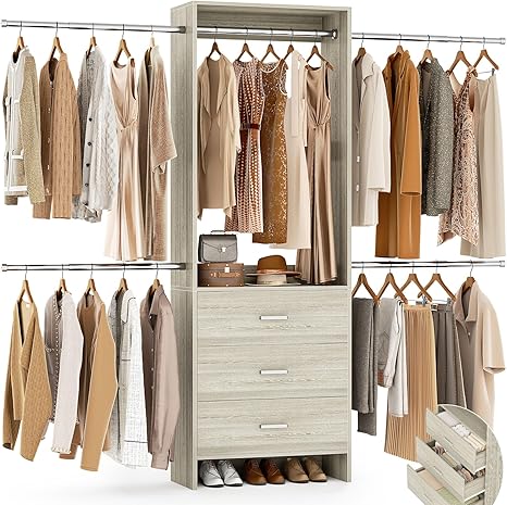 Wall-Mounted Closet System with 3 Drawers and 4 Hanging Rods