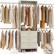 Wall-Mounted Closet System with 3 Drawers and 4 Hanging Rods