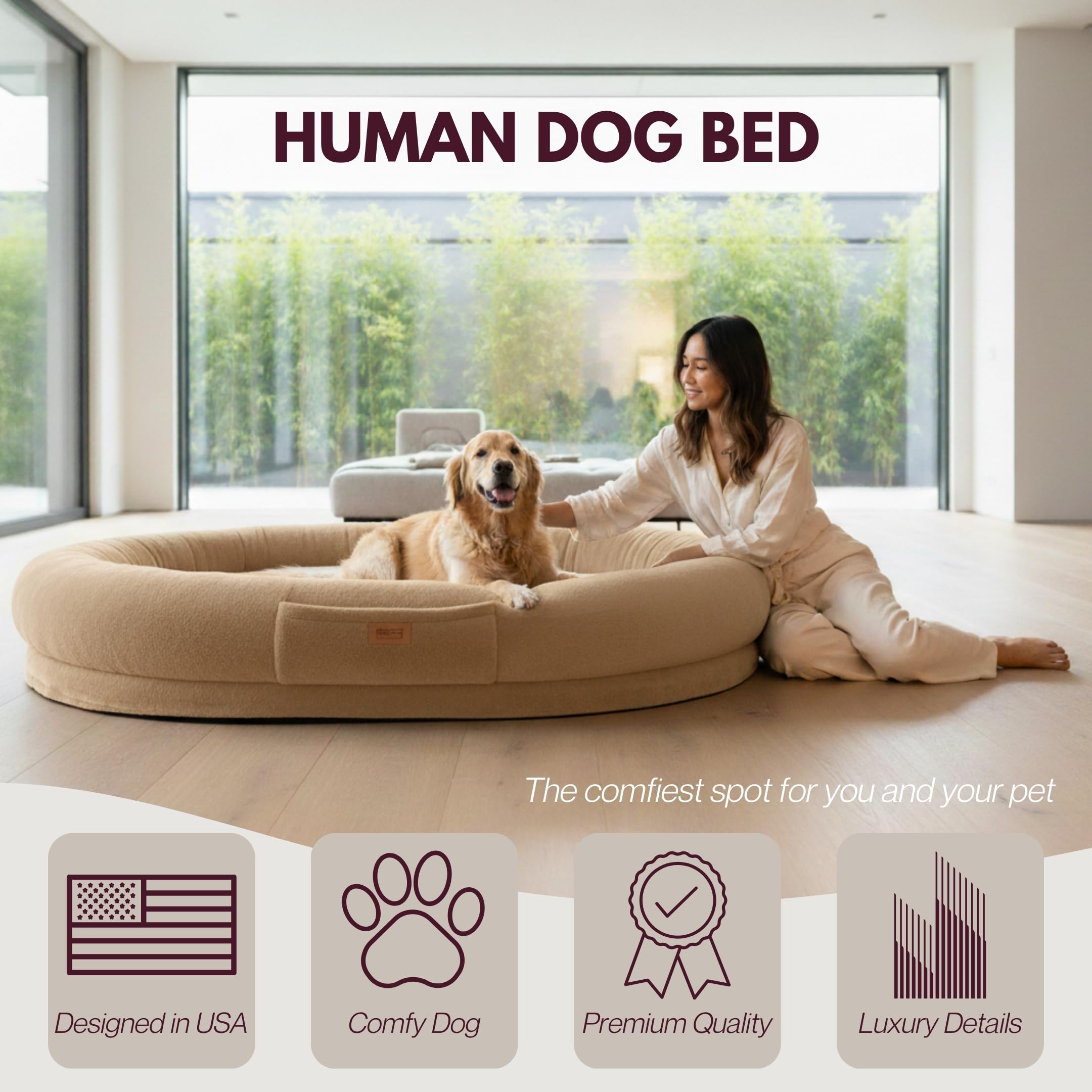 Oversized Human Dog Bed with Plush Fabric and Egg Crate Foam
