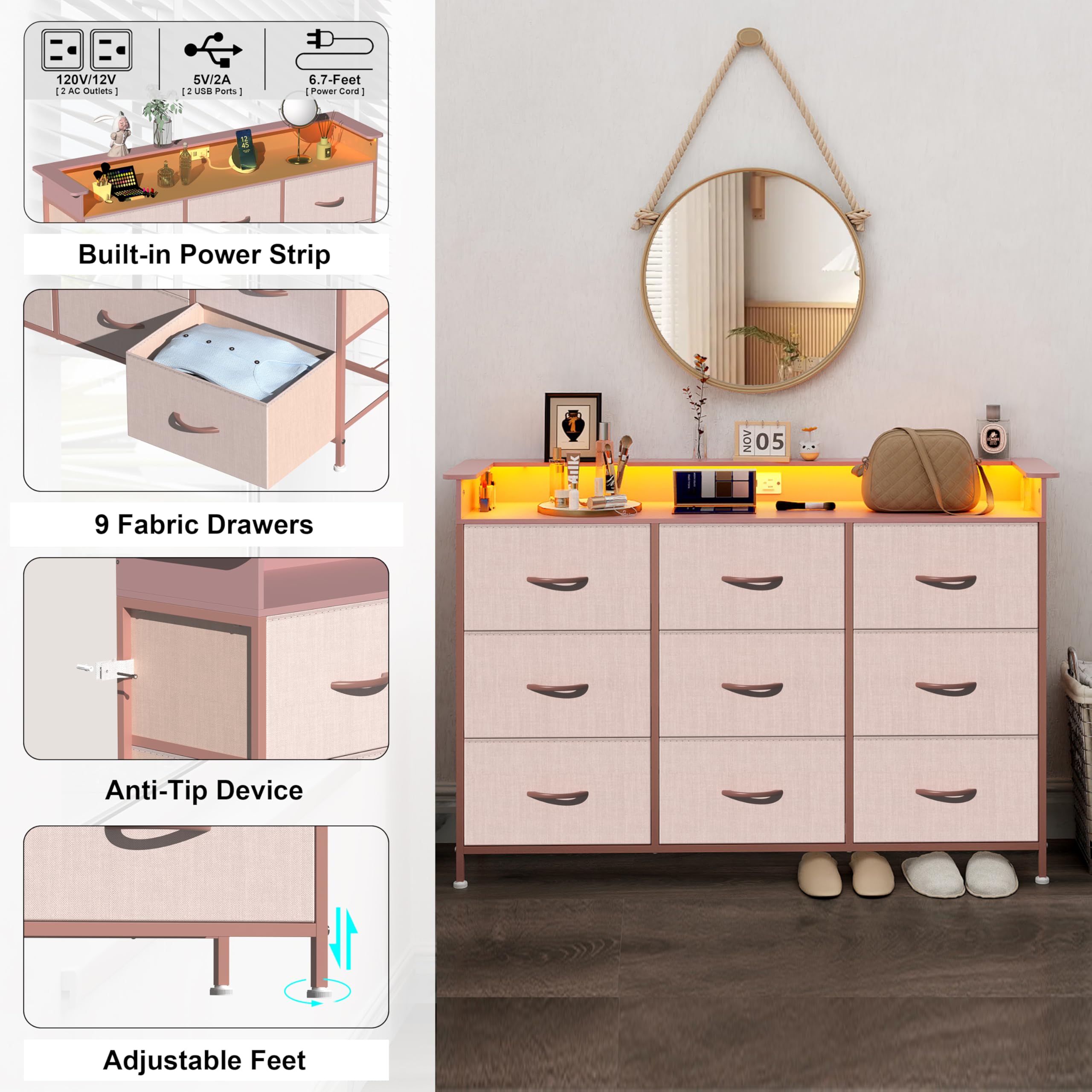 9-Drawer Dresser with LED Lights and Charging Station