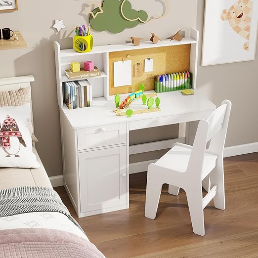 Kids Study Desk with Chair Set - Wooden Table for Ages 5-12 with Hutch and Storage
