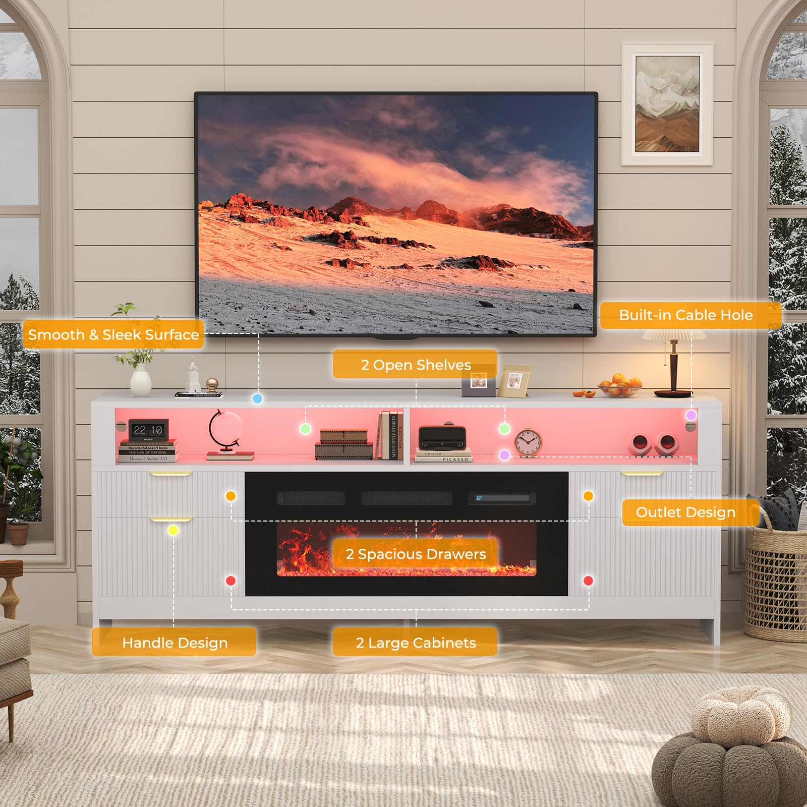70" Electric Fireplace TV Stand with LED Lights