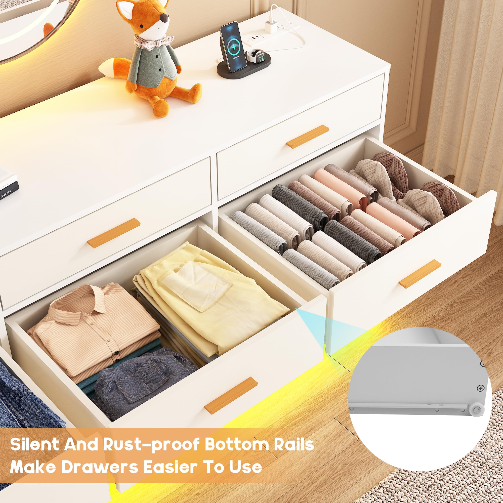 White 12 Drawer Dresser with Power Outlet and LED Lights