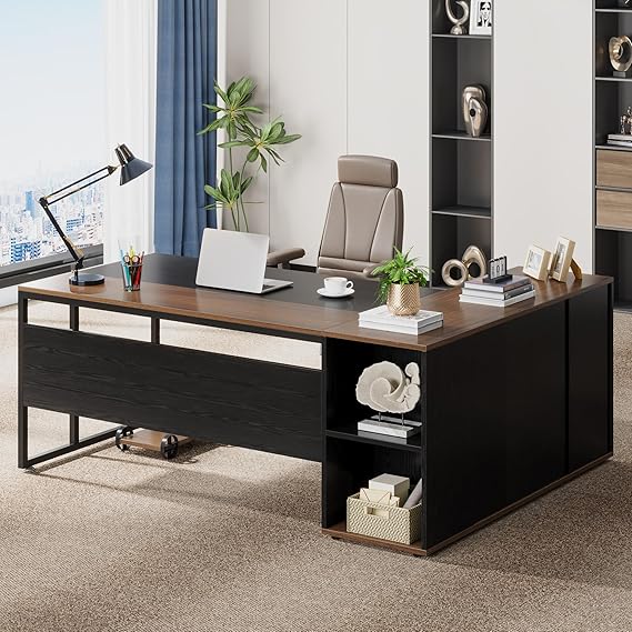 71 Inch L-Shaped Executive Desk with Cabinet Storage