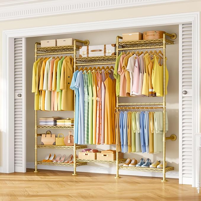 Wall Mounted Clothes Rack with 8 Shelves and 4 Hanger Rods