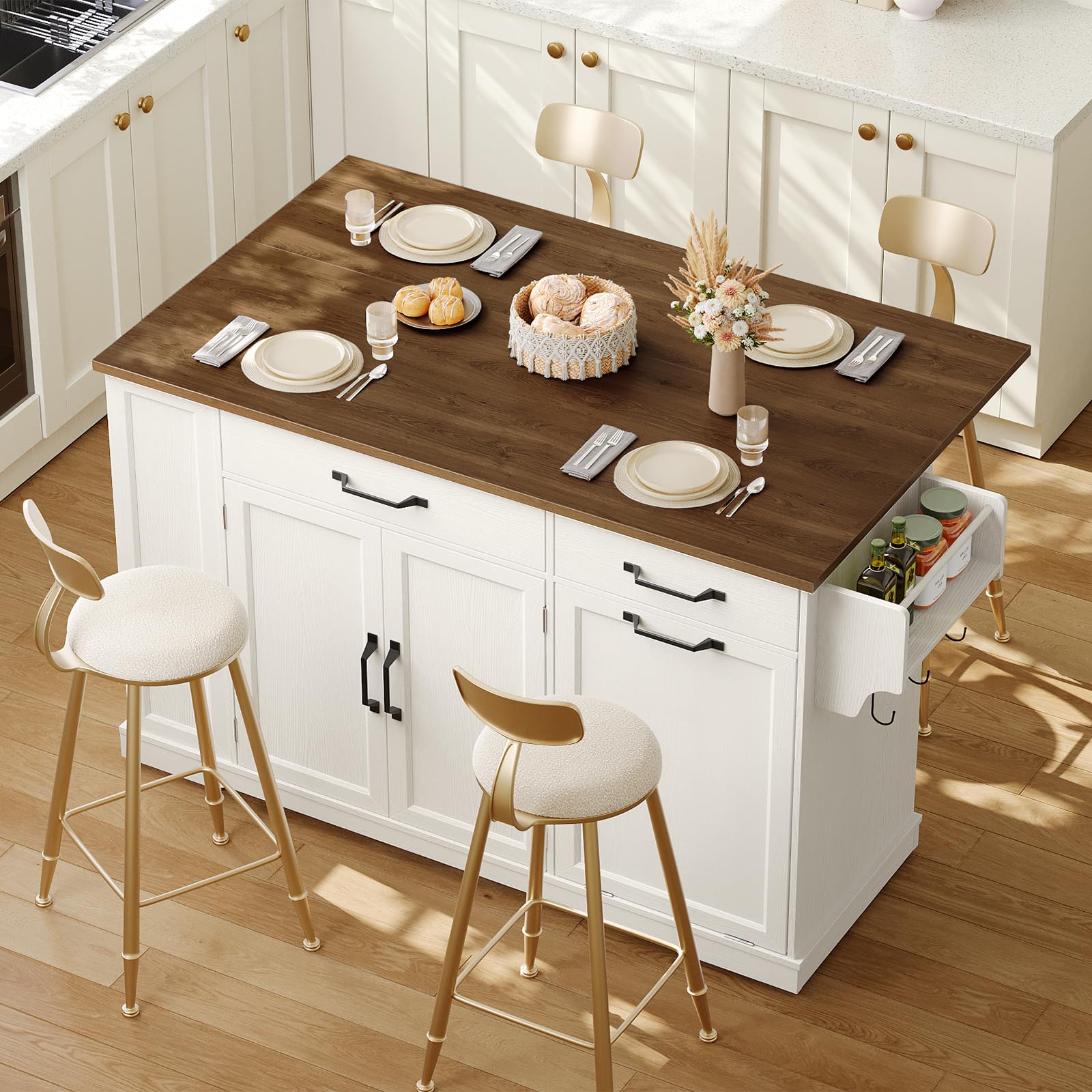 Kitchen Island with Power Outlet and Drop Leaf Rolling Storage Cart
