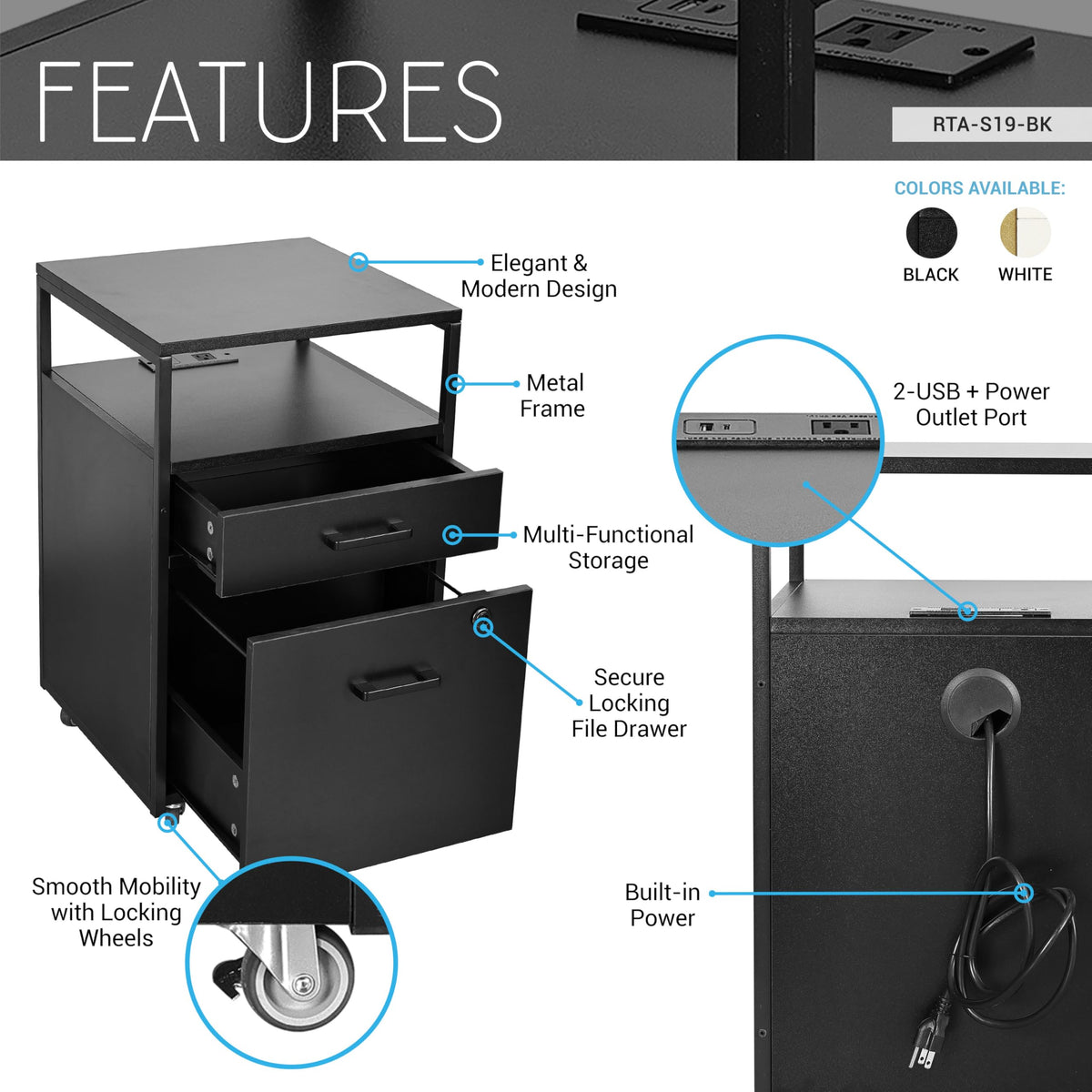 2-Drawer Rolling File Cabinet with Lock and USB Charging Ports