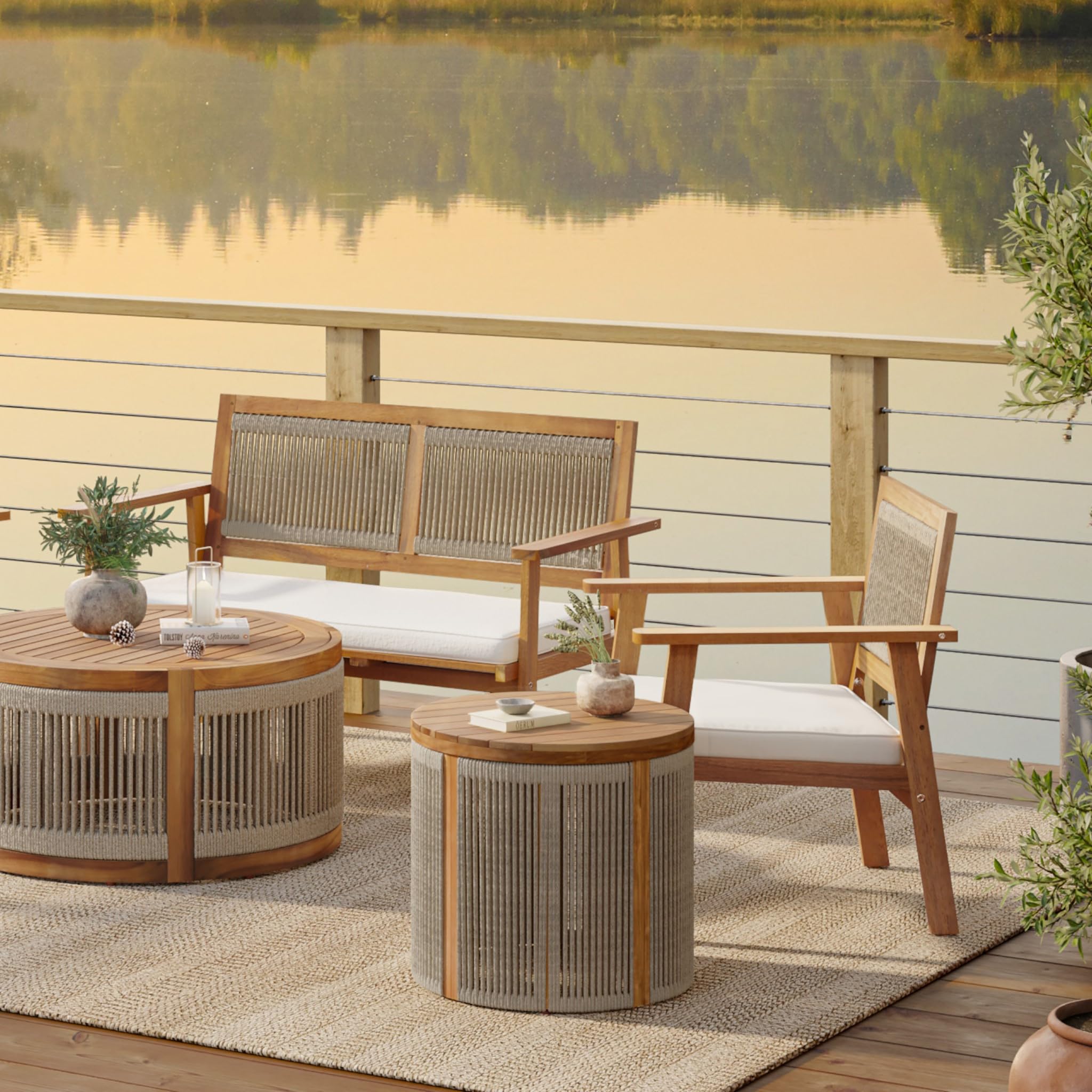 Outdoor Coffee Table - 17" Rope Acacia Wood Round Side Table