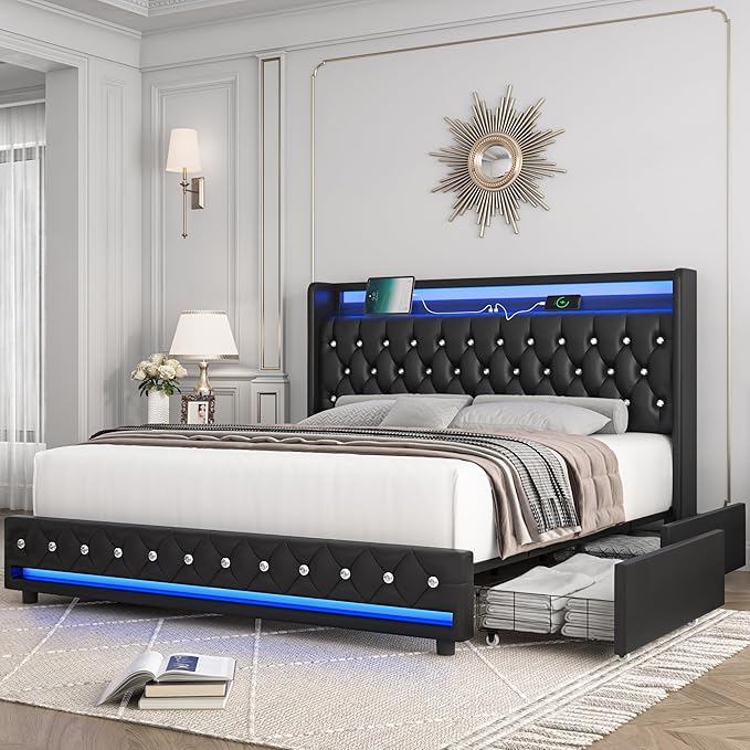 Twin LED Bed Frame with Charging Station & Storage Drawers