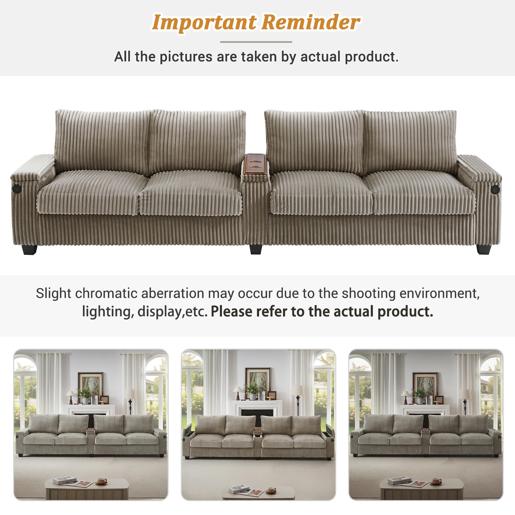 4-Seater Corduroy Sofa with USB Ports and Storage