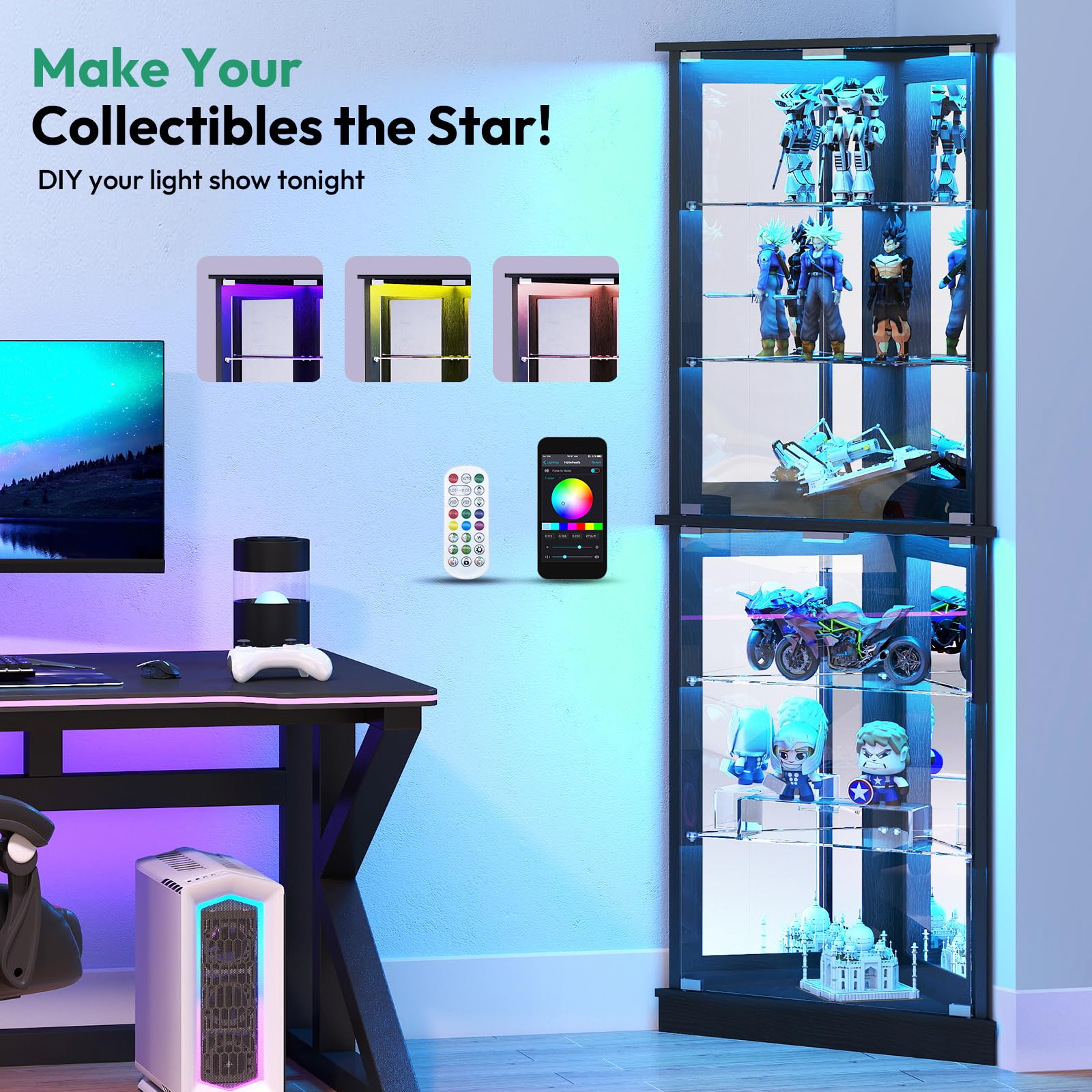 72" Corner Display Cabinet with Glass Doors and LED Lights