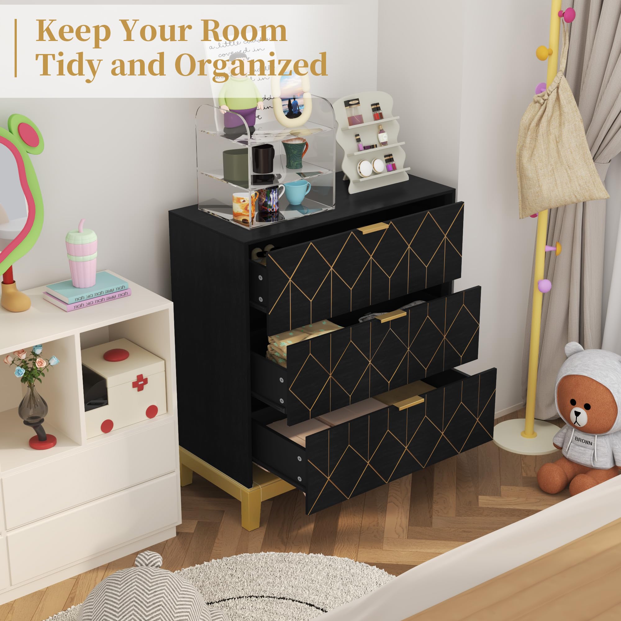 3 Drawer Dresser with Gold Trim - Modern Wood Chest Storage Cabinet