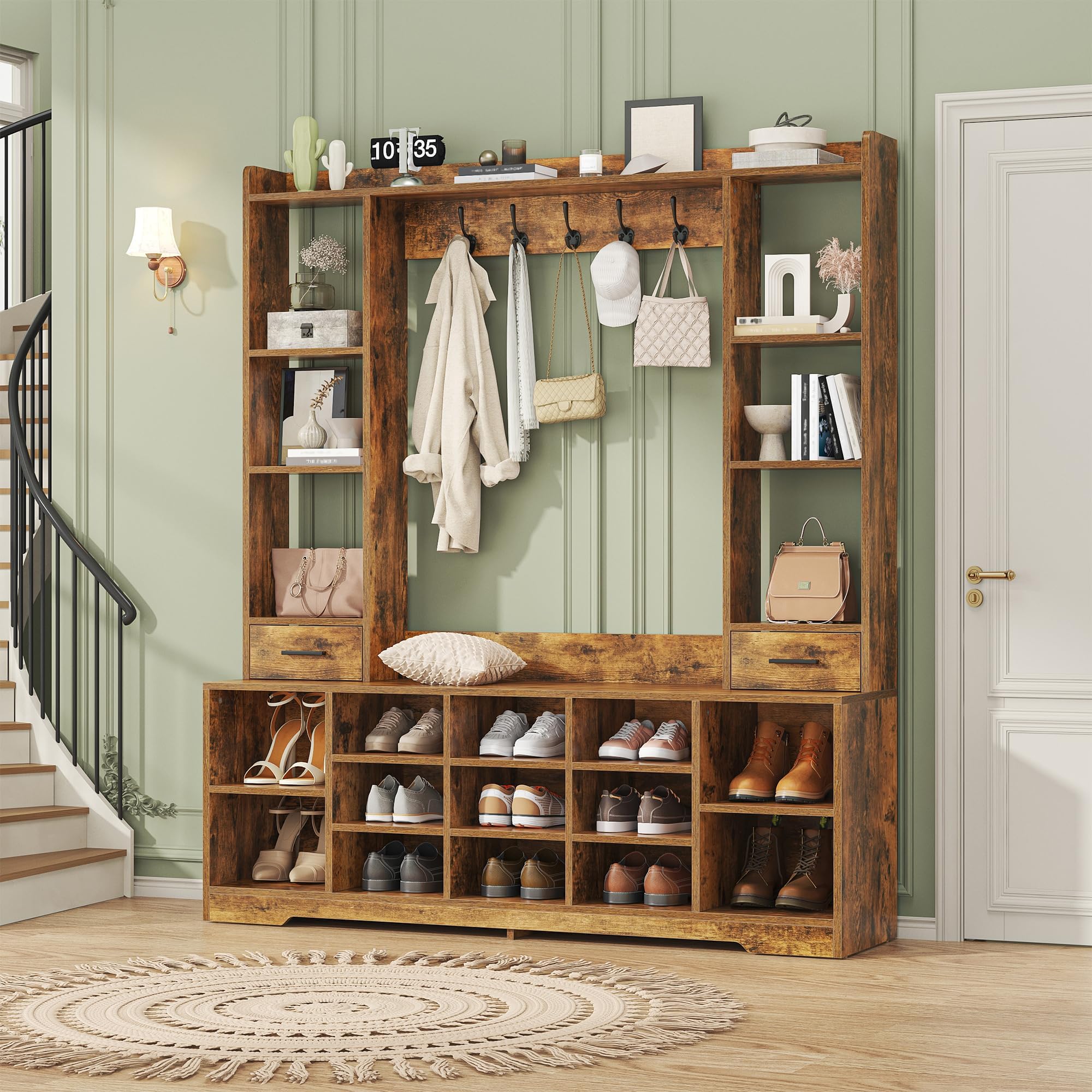 Farmhouse Hall Tree with Shoe Storage
