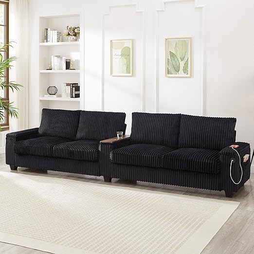 4-Seater Corduroy Sofa with USB Ports and Storage