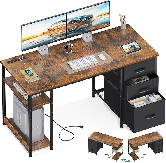 51 Inch Computer Desk with File Drawers and USB Power Outlets