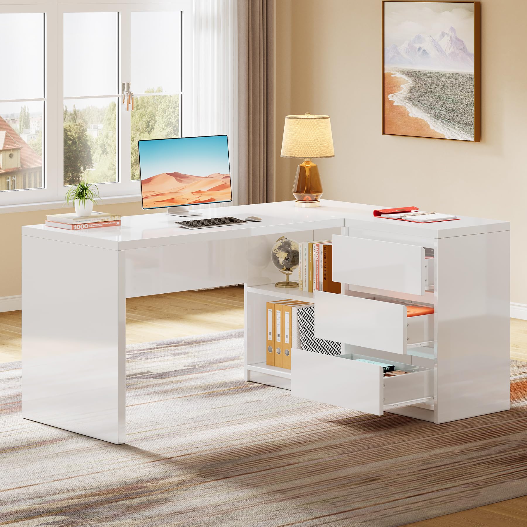 White L-Shaped Computer Desk with 3 Drawers and LED Lights
