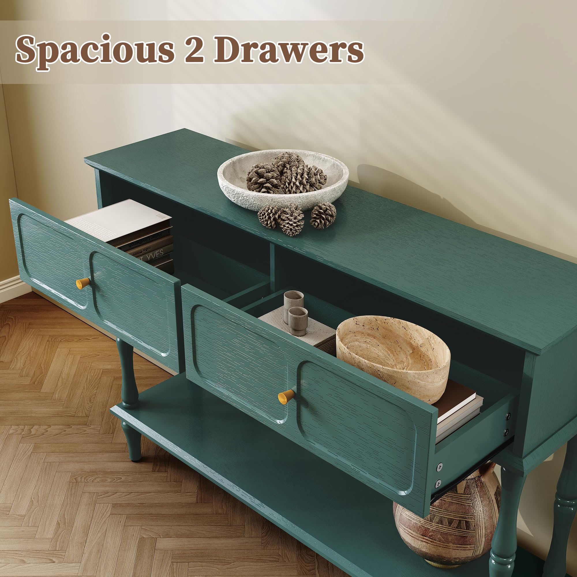 Mid-Century Console Table with 2 Drawers and Open Shelf