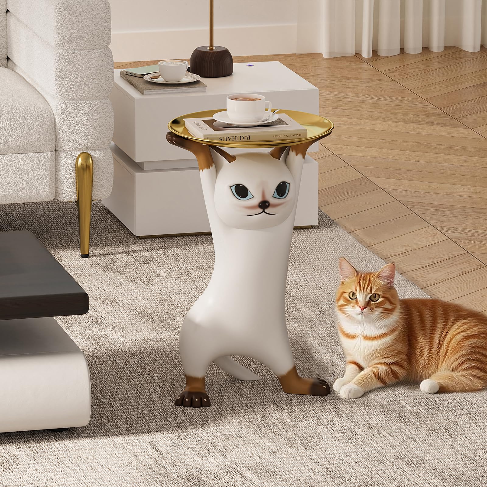 Whimsical Cat Statue Side Table with Gold Tray