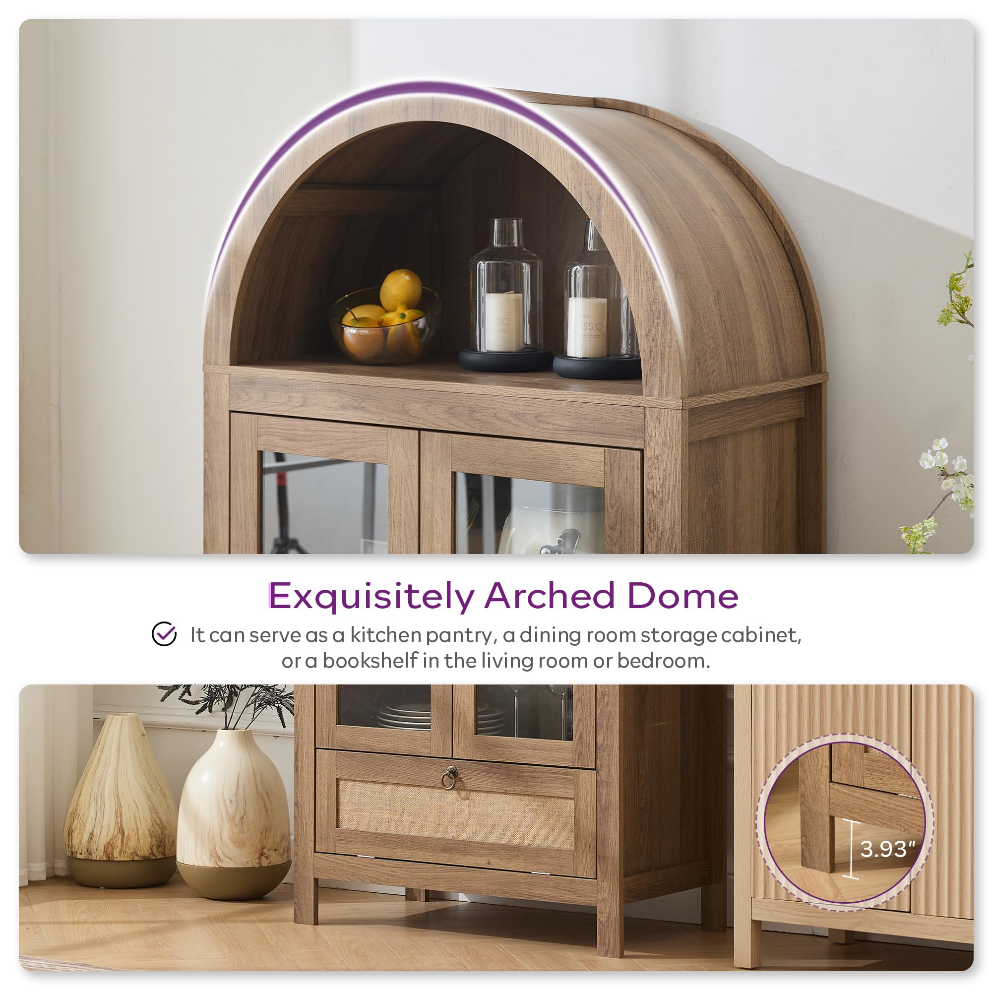71" Tall Arched Pantry Cabinet with Drawer and Glass Door