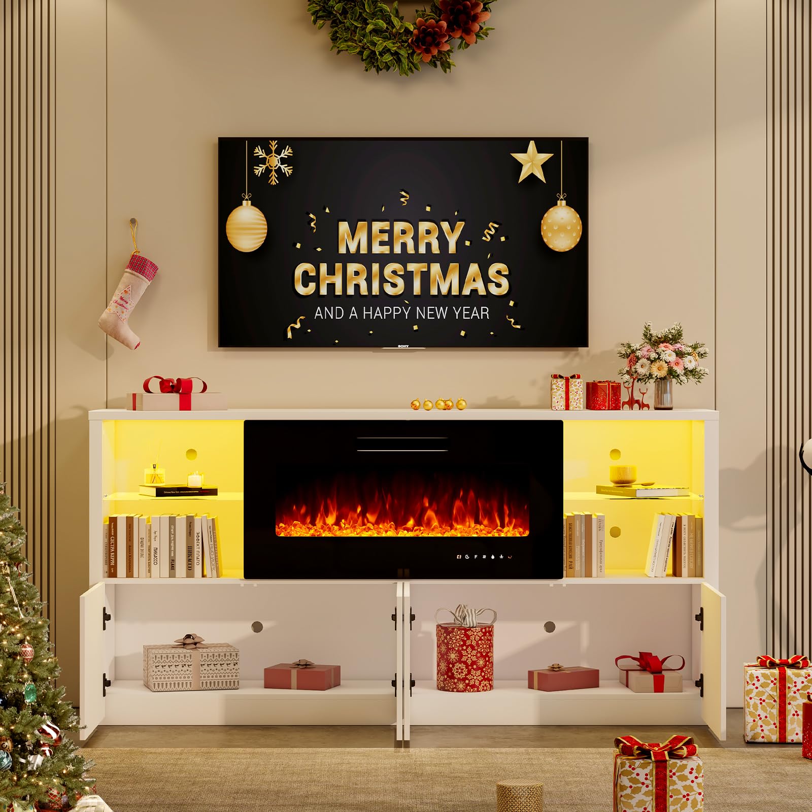 Modern Fireplace TV Stand 68 Inches White