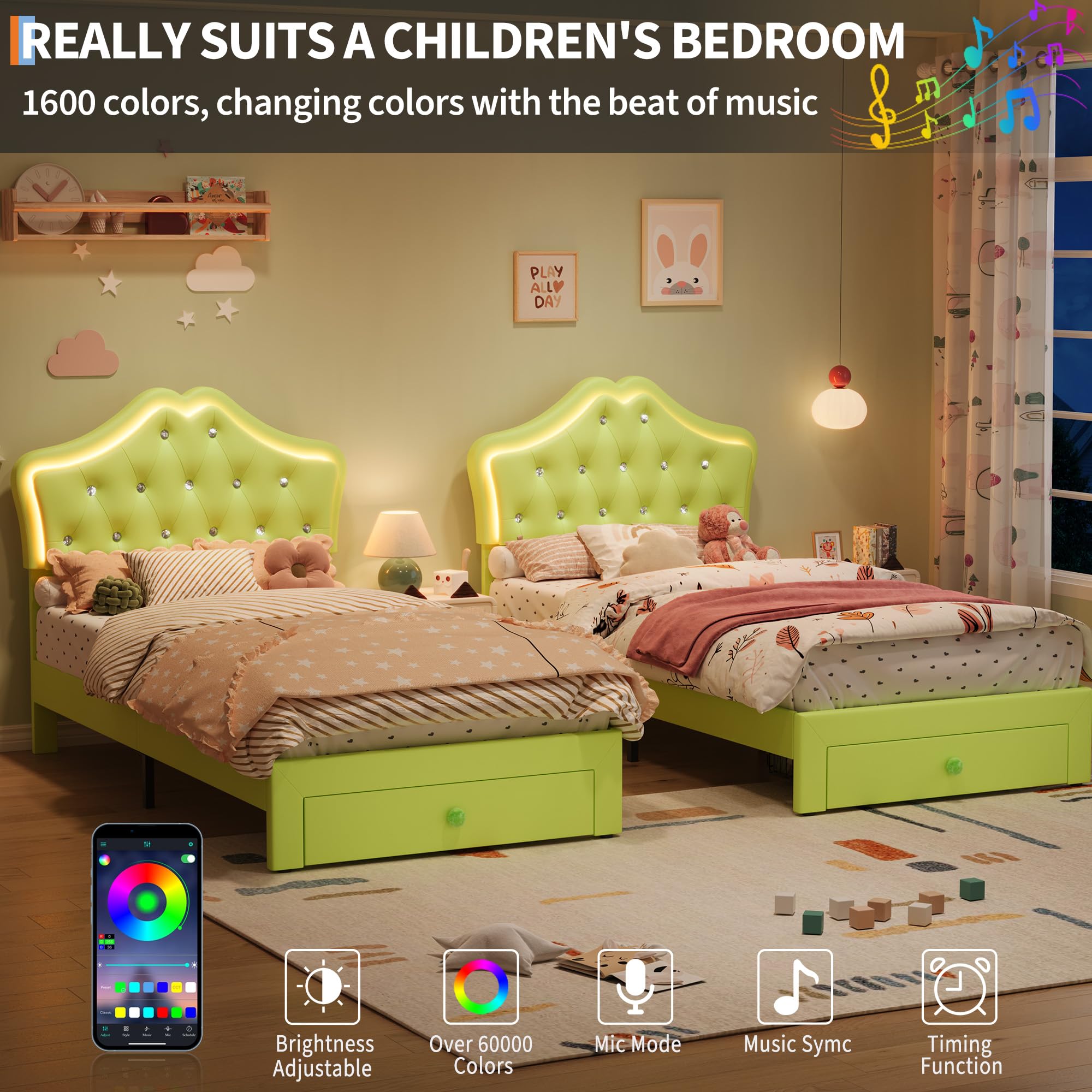 Twin Bed Frame with LED Lights and Storage Drawer