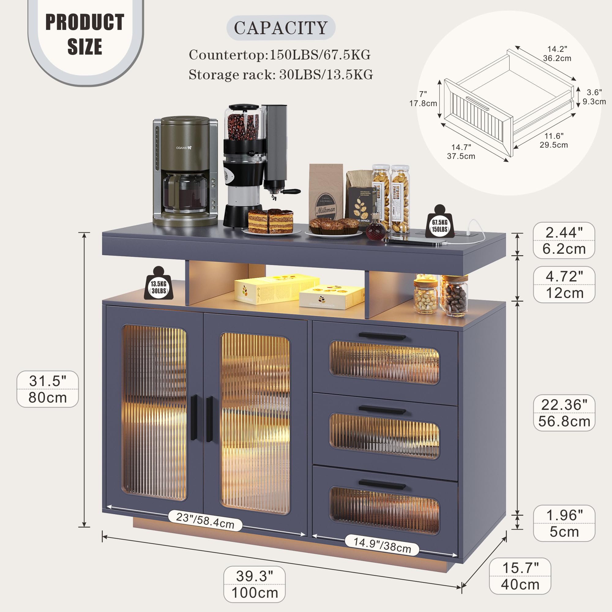 Coffee Bar Cabinet with RGB LED Lighting and Charging Station