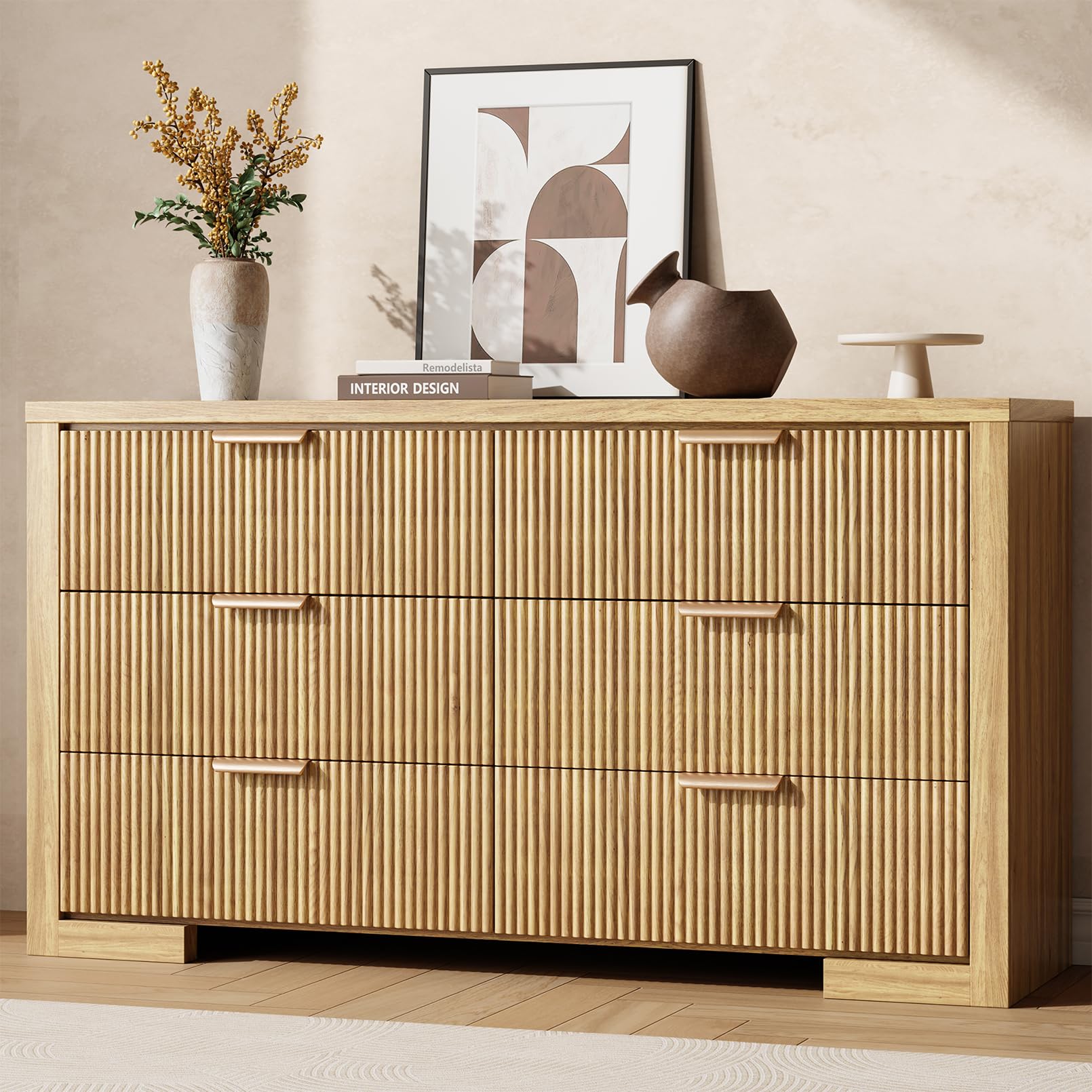 Fluted 6-Drawer Dresser 54 Inch Natural Oak