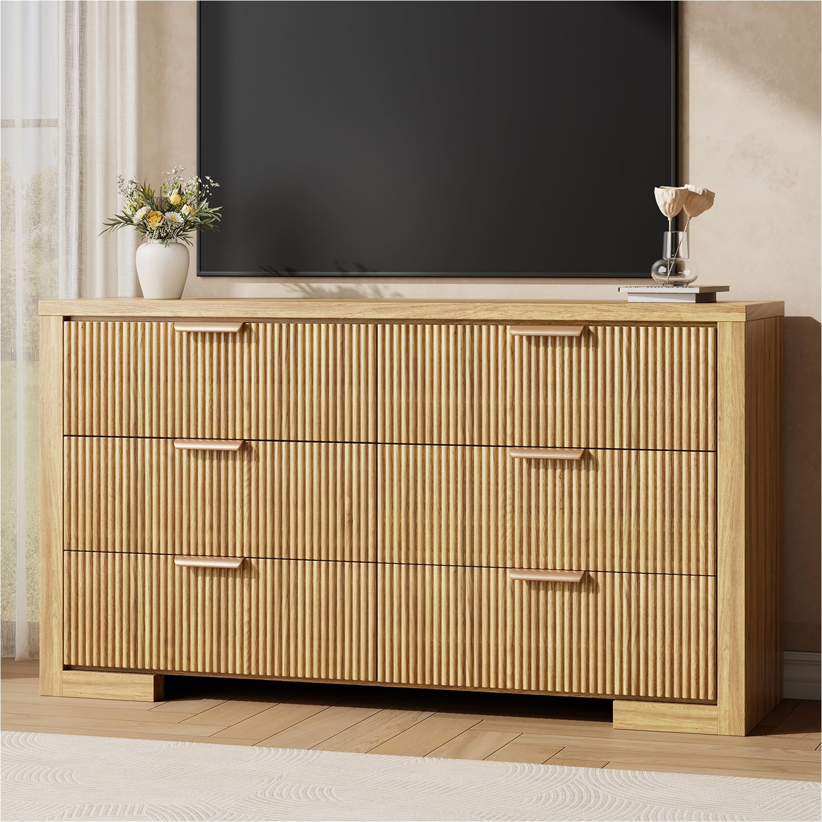 Fluted 6-Drawer Dresser 54 Inch Natural Oak
