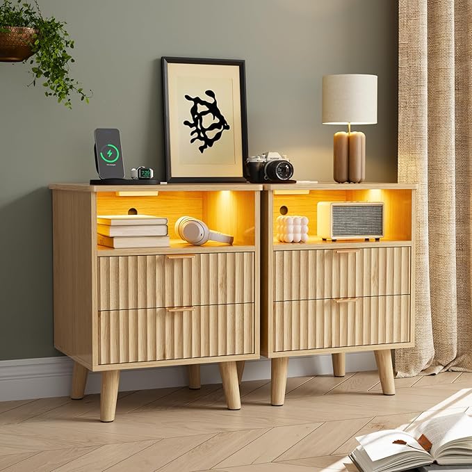 Fluted Nightstand Set with Charging Station & LED Lights