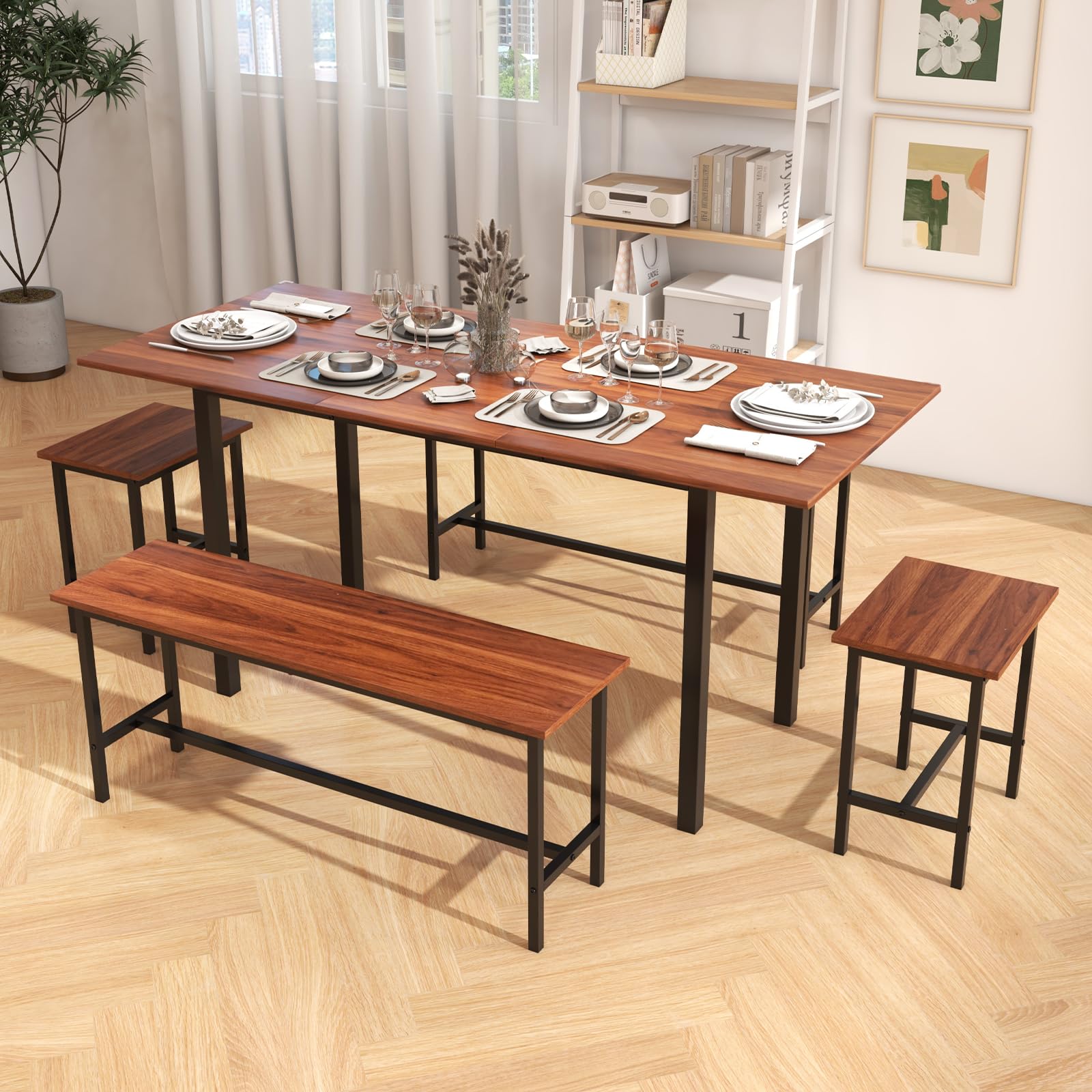 5-Piece Extendable Dining Table Set with Benches and Stools