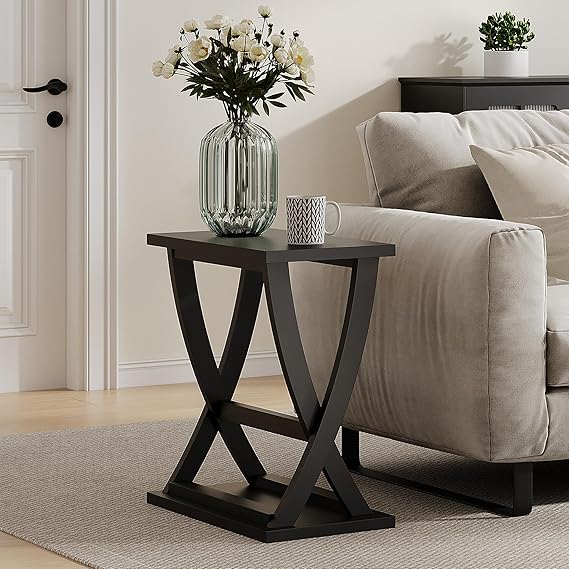 ChooChoo Black End Tables Set of 2, Narrow Side Table with Storage Shelf, Modern X-Design Slim Bedside Tables for Living Room, Bedroom, Small Spaces