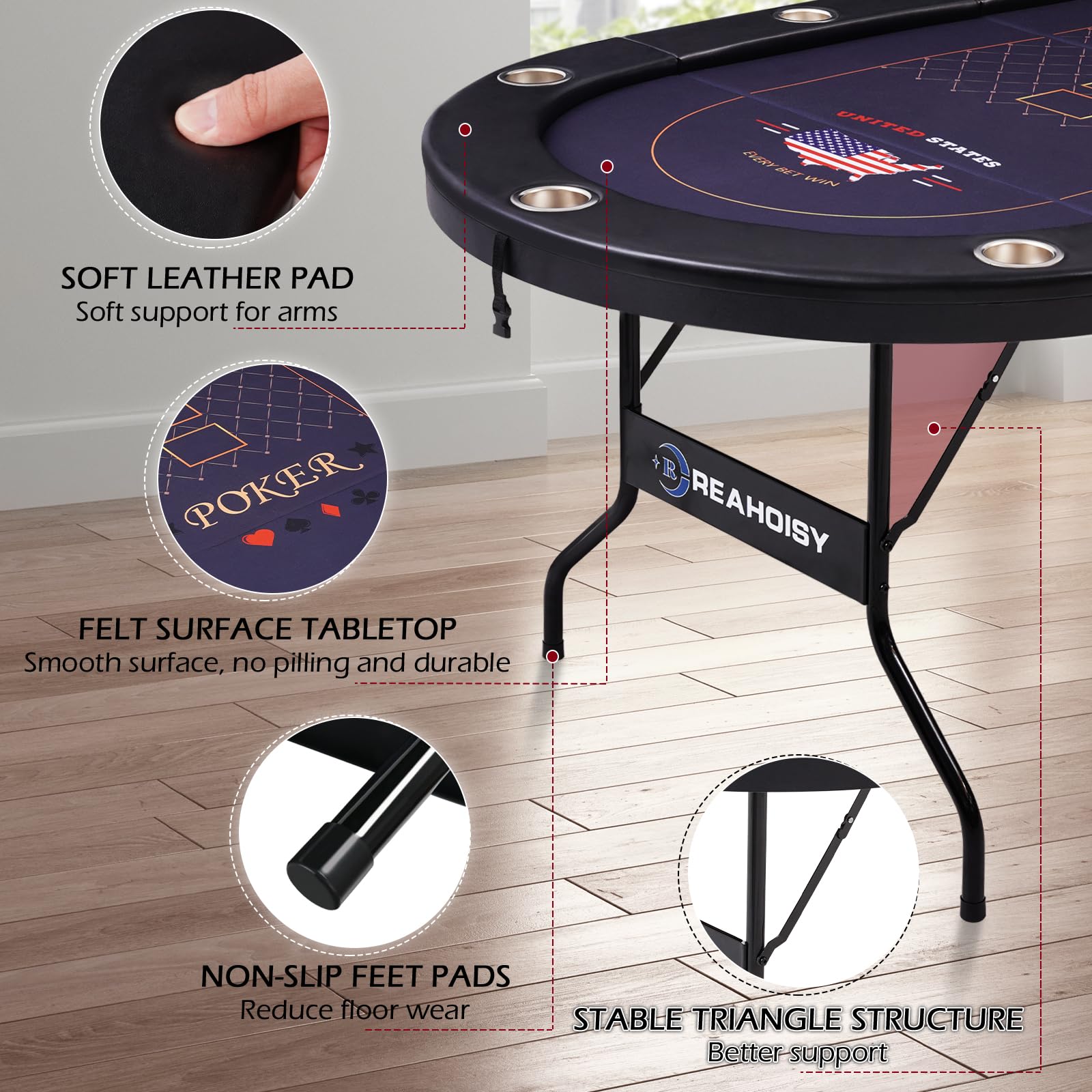 REAHOISY 10 Player Poker Table Foldable, Folding Texas Holdem Casino Table with Padded Rails & Cup Holders, Portable Poker Game Table for Home or Game Room, 84 Inch