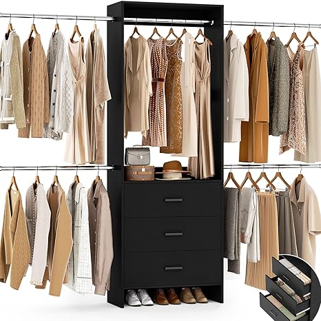 Wall-Mounted Closet System with 3 Drawers and 4 Hanging Rods