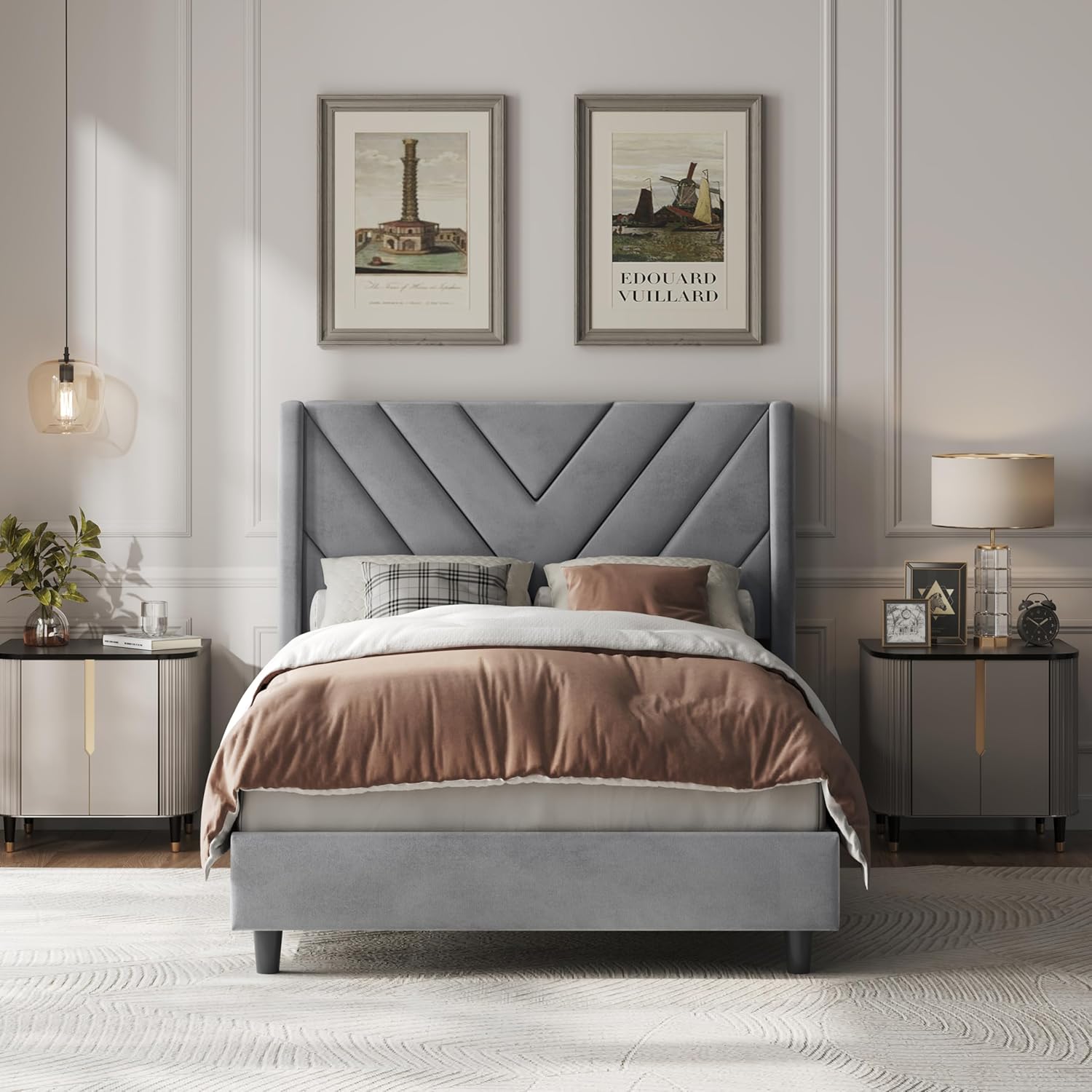 Queen Upholstered Platform Bed Frame with Tufted Wingback Headboard