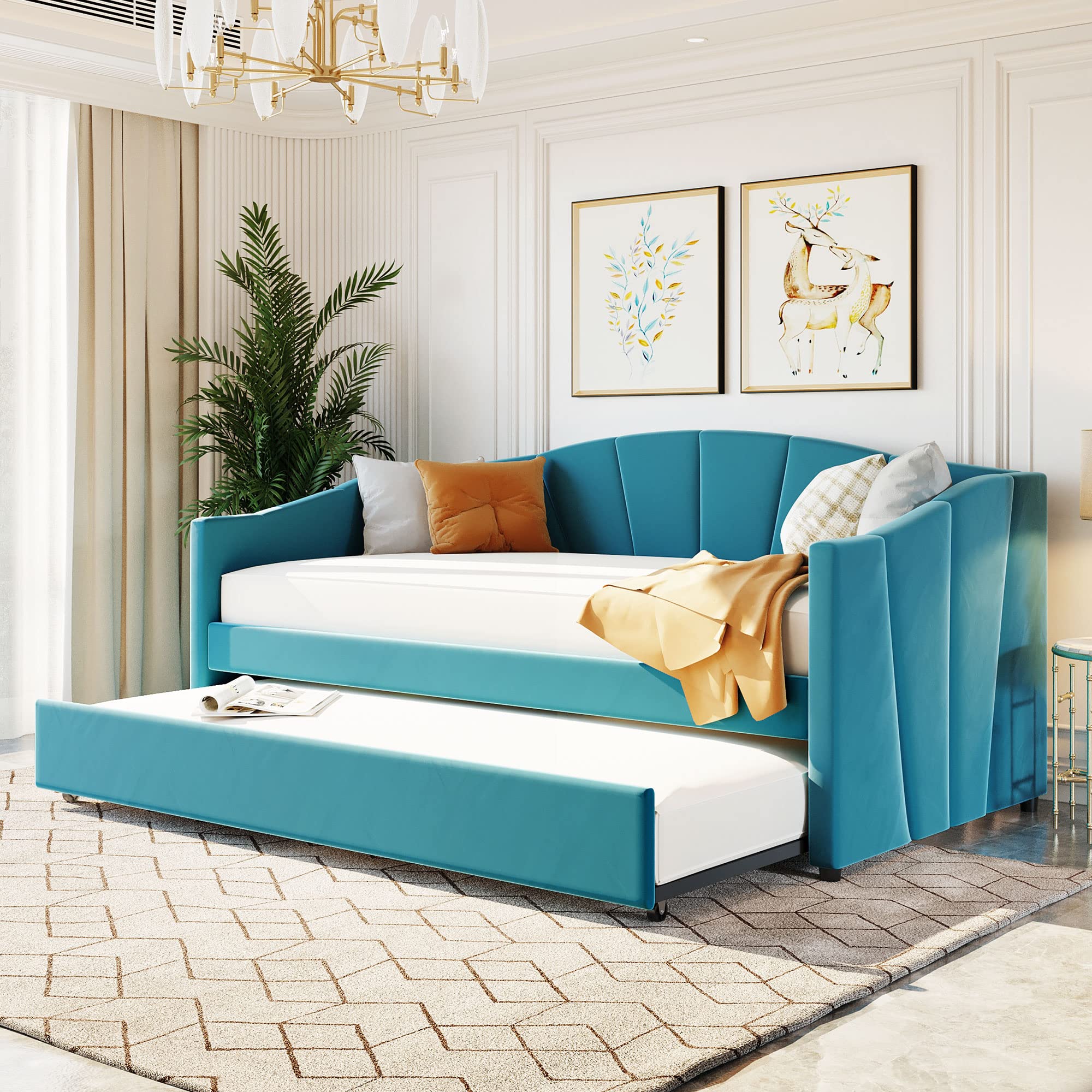 Upholstered Daybed with Trundle Twin Size Velvet Sofa Bed