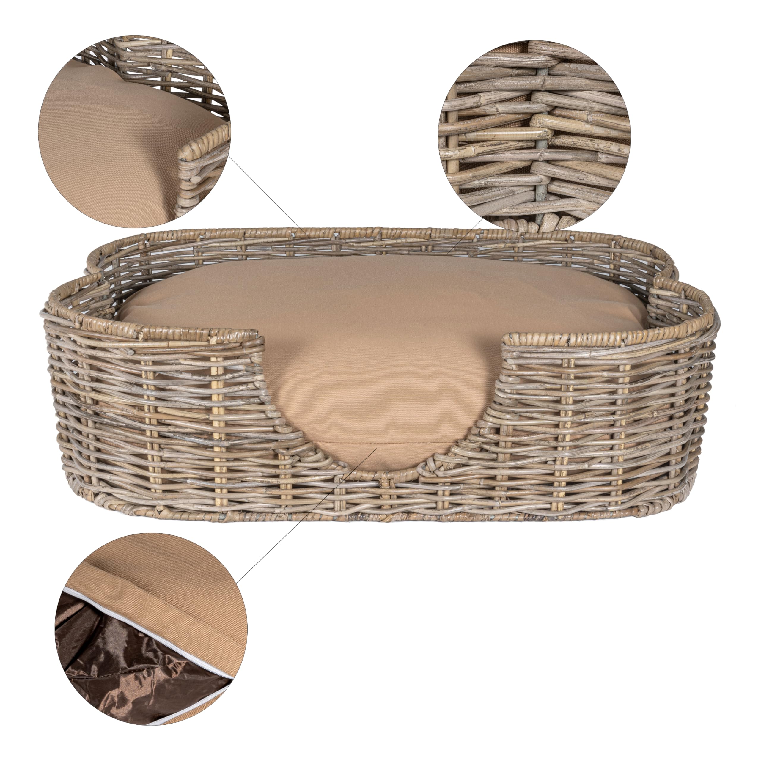 Scalloped Woven Rattan Dog Bed with Washable Cushion