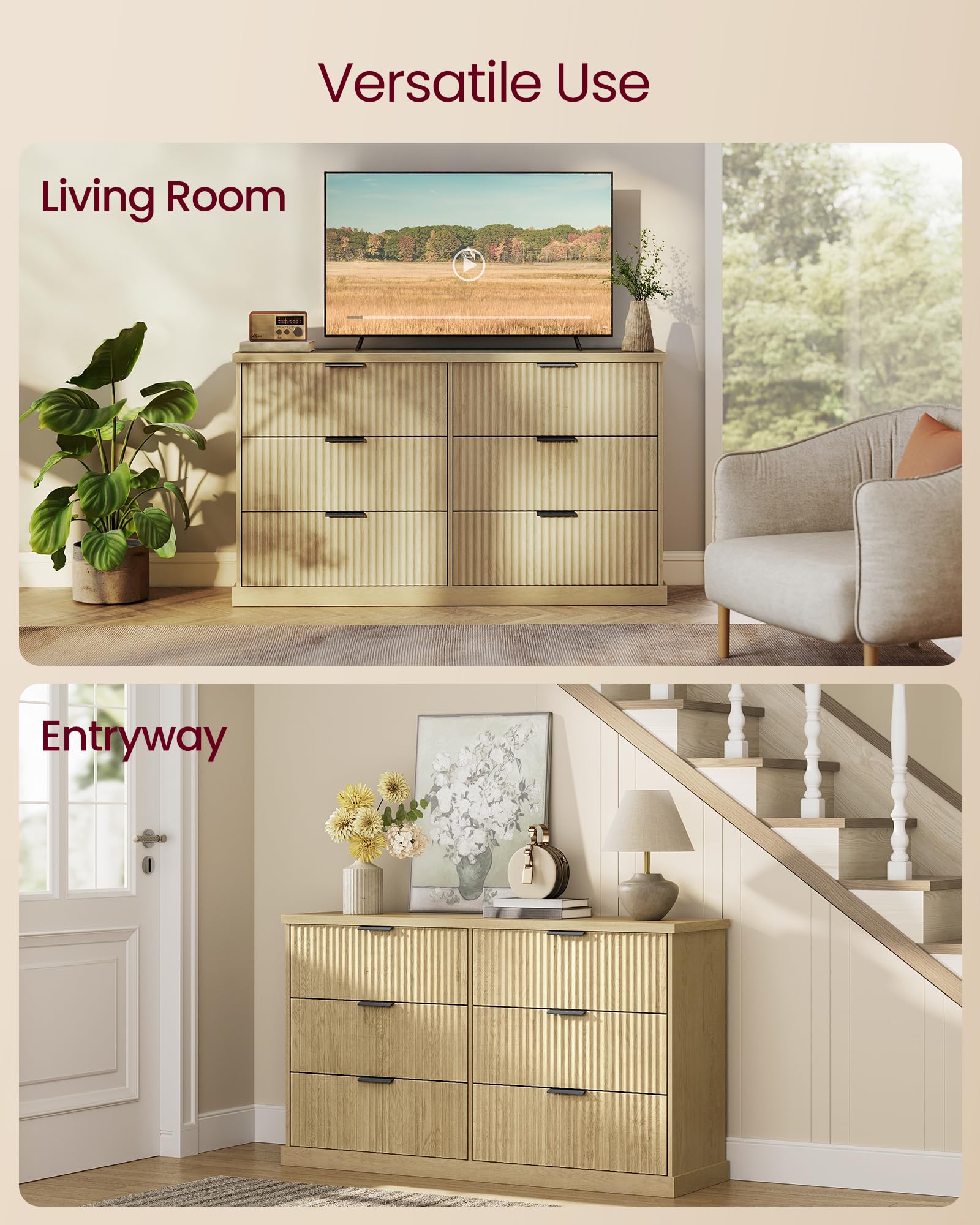 6-Drawer Wide Dresser with Fluted Panels