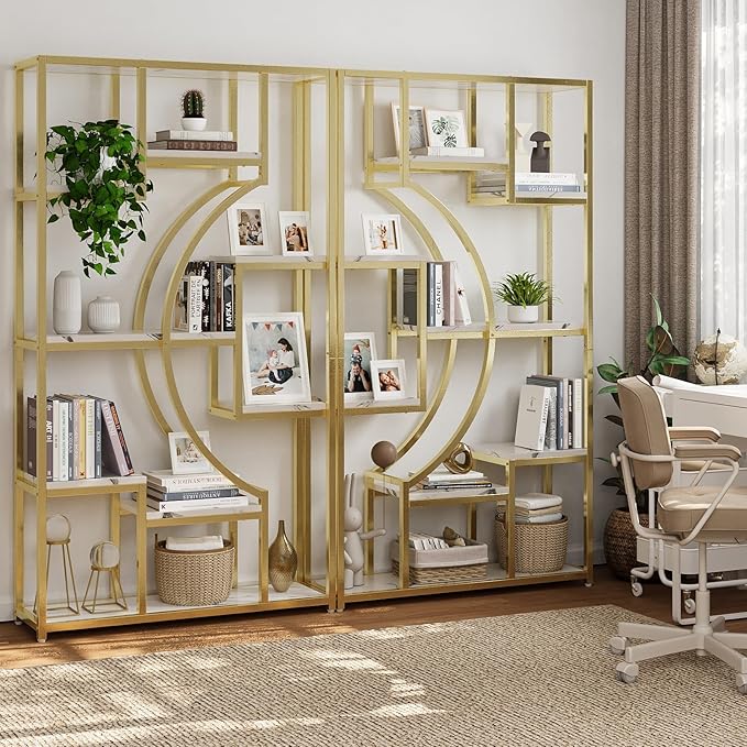 70.8 Inch Tall Etagere Bookcase Set of 2 White Gold