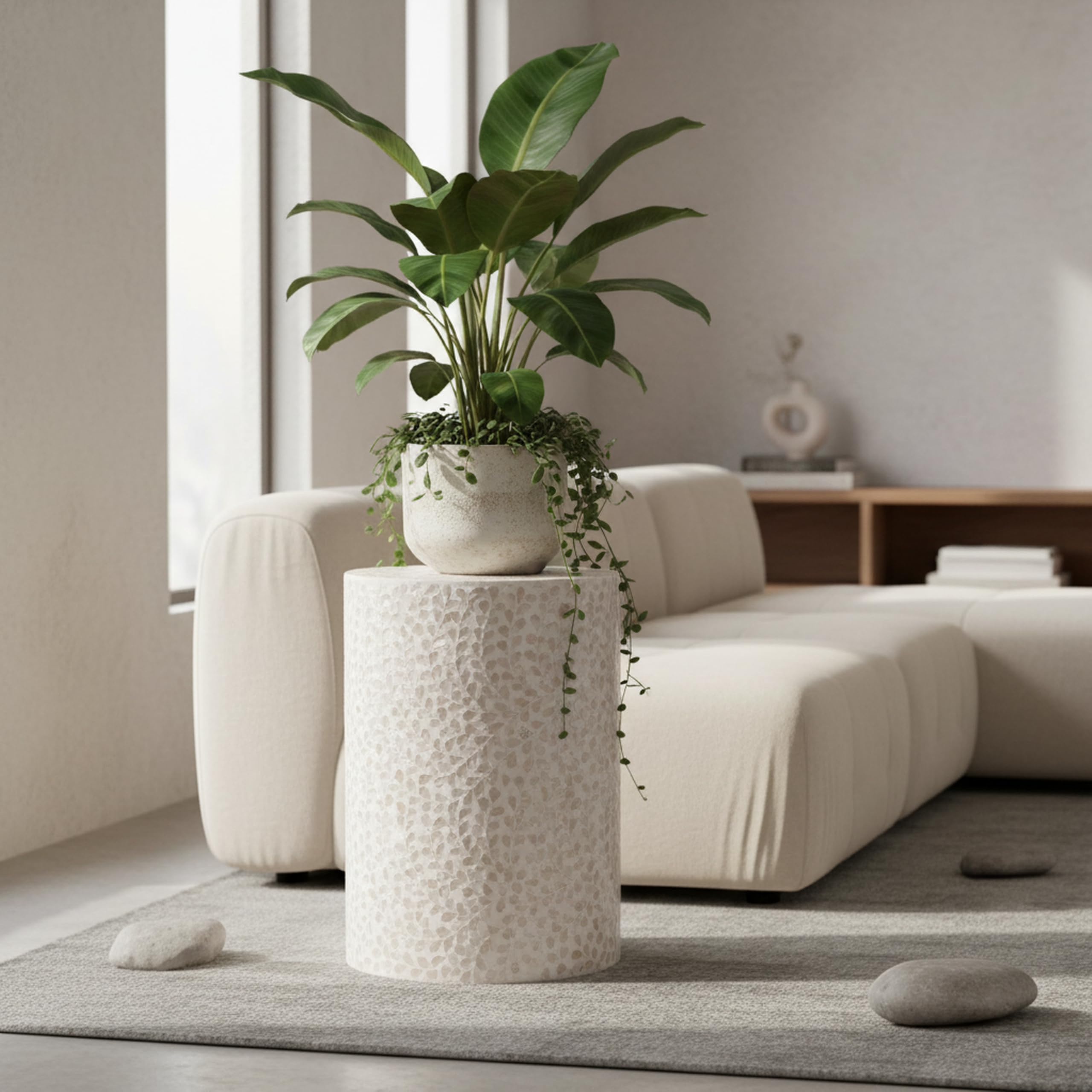 Capiz Shell Cylinder Drum End Table - White Cream Floral Vine Pattern