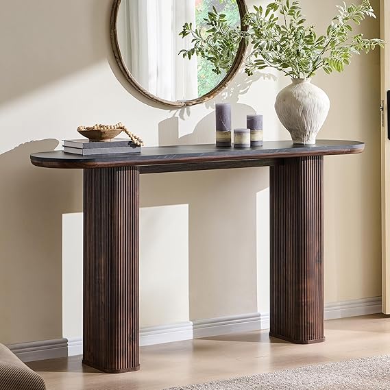 Modern Console Table with Arc Marble Texture Top and Fluted Wood Base