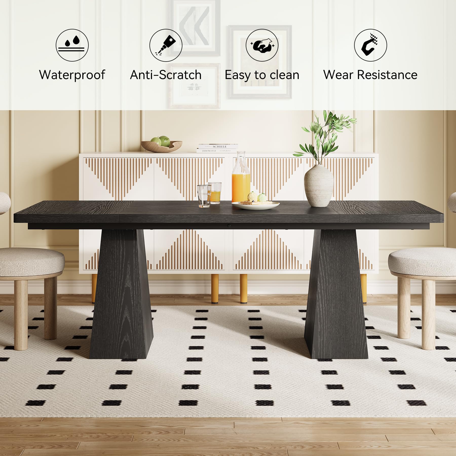 Dining Table for 4-6 People Rectangle with Heavy Duty Legs Black
