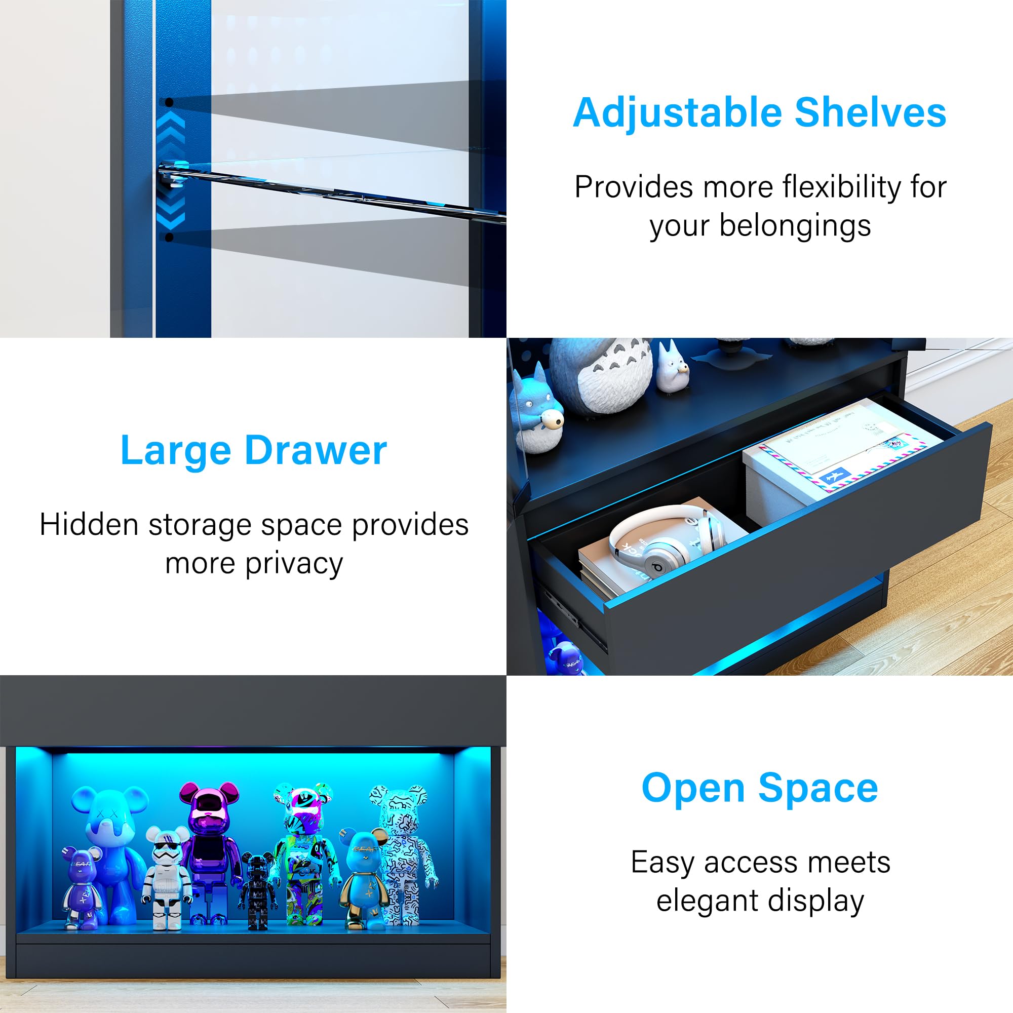 65" Glass Display Cabinet with LED Lights, Drawer & Pegboard