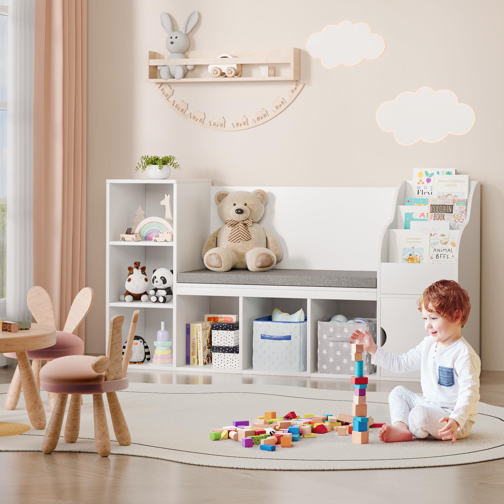 Kids Bookshelf with Reading Nook and Storage Cubbies