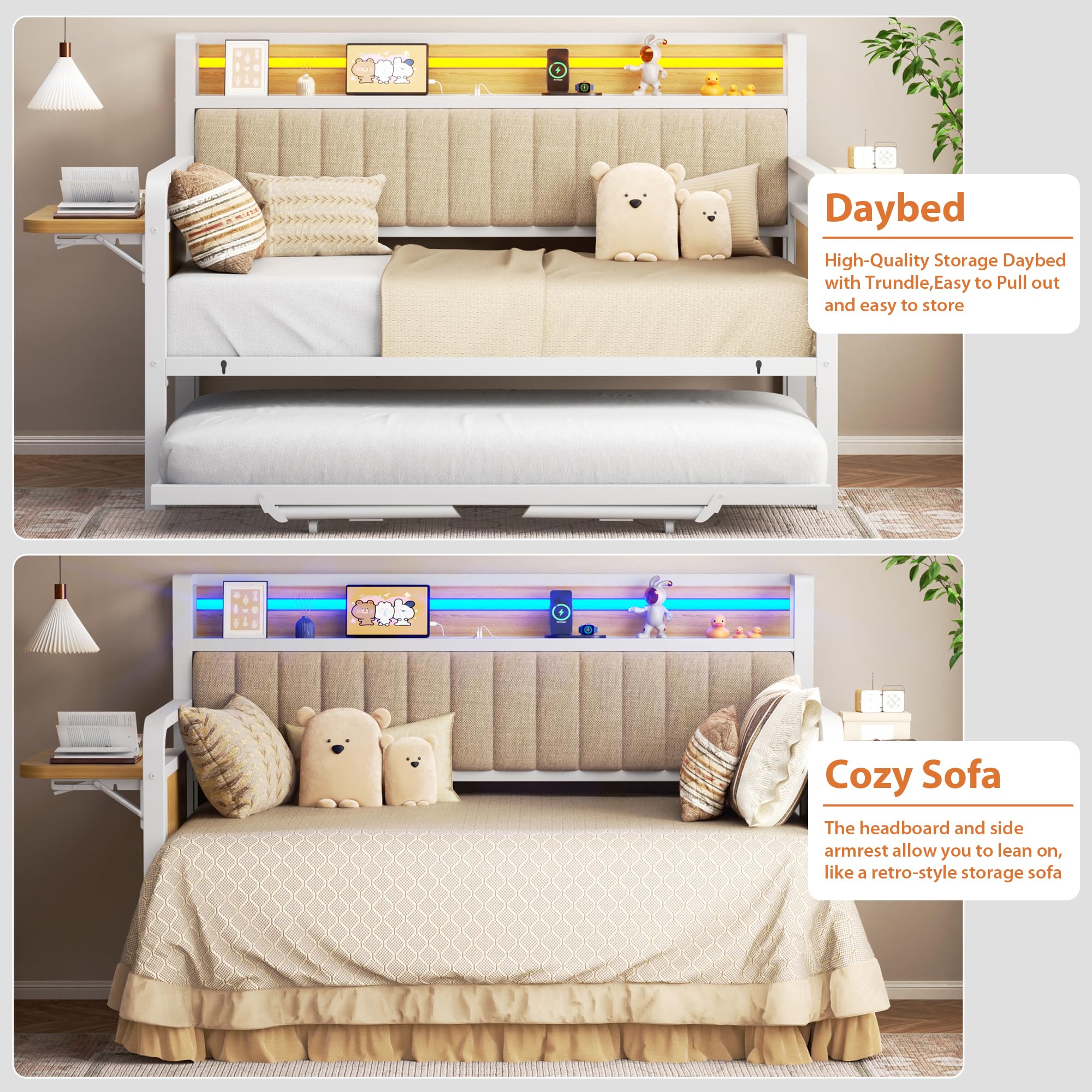 Twin Daybed with Pop-Up Trundle and LED Lights