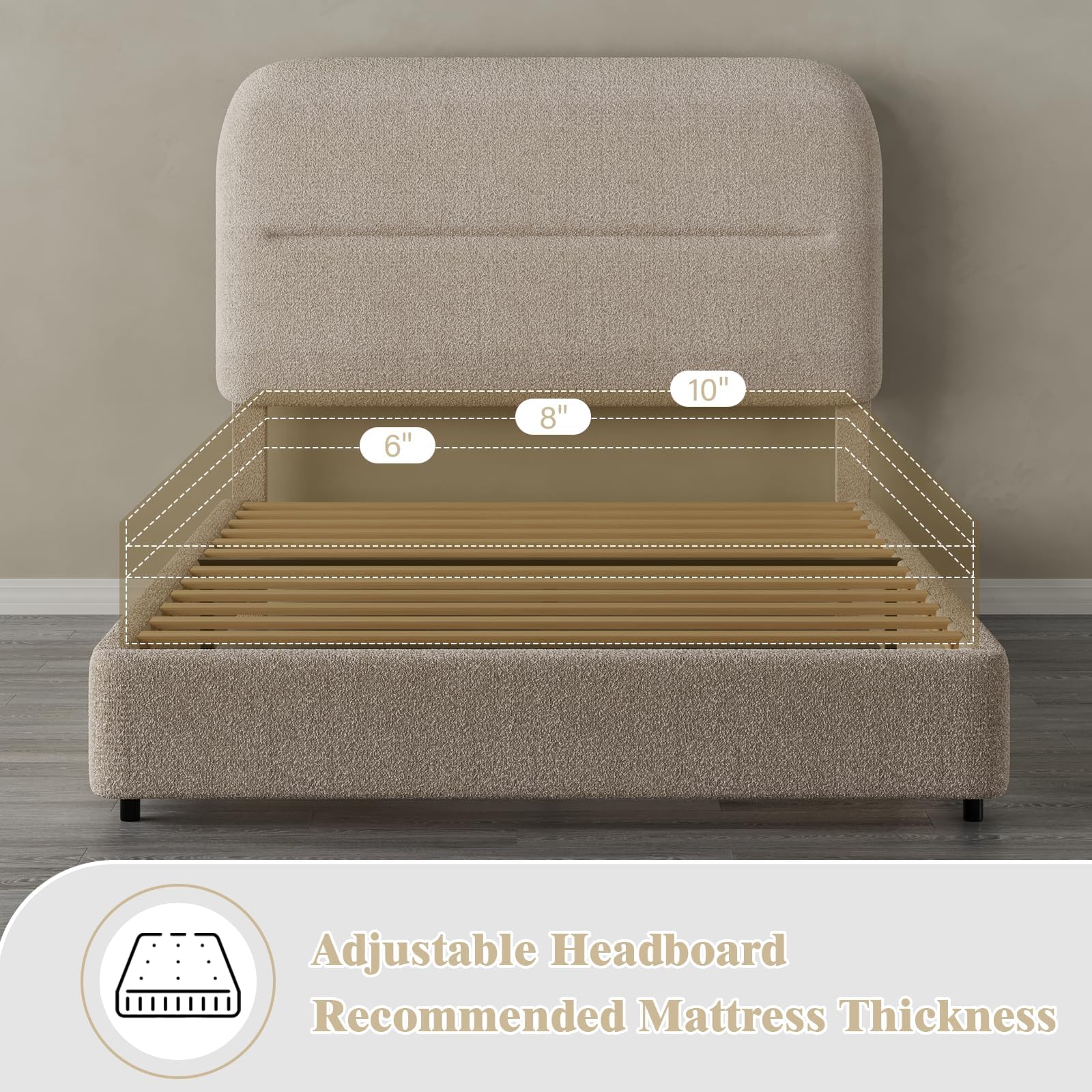 Twin Size Boucle Upholstered Bed Frame with Adjustable Headboard