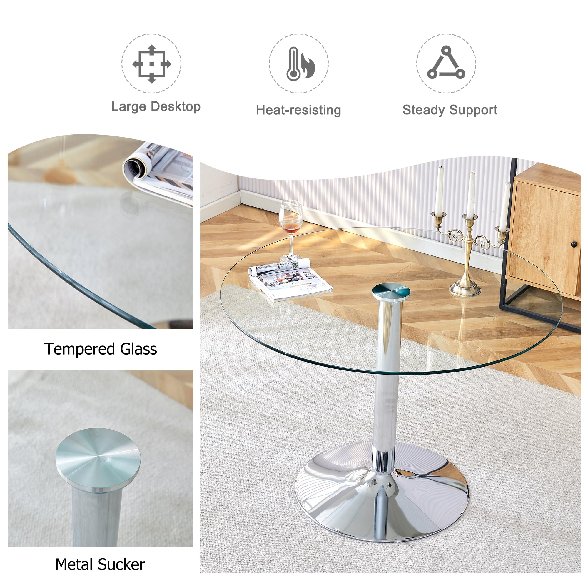 3 Piece Round Glass Dining Set with Velvet Chairs